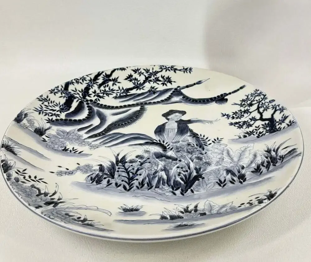 Oriental Accent Decorative Porcelain Plate Blue and White Figural Scene